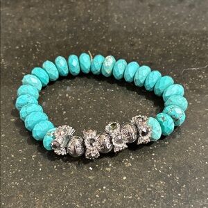 Turquoise Bead Stretch Bracelet with Silver Crystal Accents